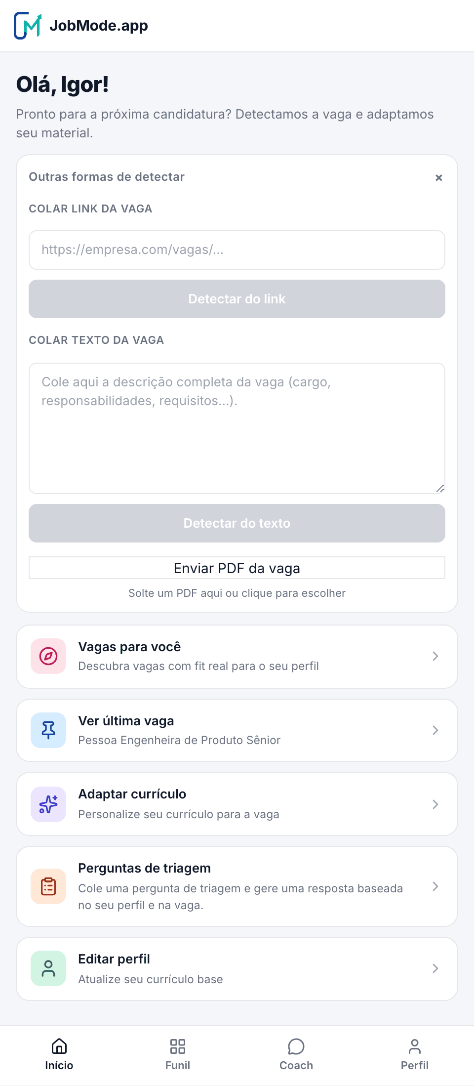 Painel lateral do JobMode.app rodando no Chrome, com a vaga detectada